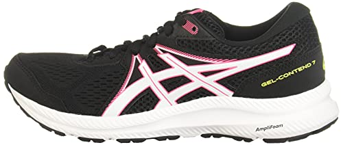 The ASICS GEL-Contend 7 - Womens features a black mesh design, white and pink logo, white midsole, black outsole, and yellow GEL-CONTEND 7 text on the side, delivering reliable cushioning and comfort for running.