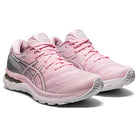The ASICS Gel Nimbus 23 - Womens features a pink upper, white soles, gray heel accents, and side ASICS logos, designed for enhanced shock absorption.