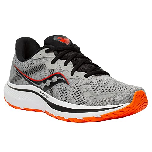The Saucony Omni 20 Running Shoe for men features a gray and black design, red and black logo, black laces, white sole with orange tread accents, and PWRRUN cushioning for comfort on every run.
