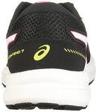 Rear view of the ASICS GEL-Contend 7 - Womens running shoe, featuring white and pink accents, yellow branding, and a textured white sole for cushioning. The shoe is displayed against a plain background.