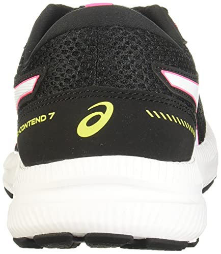 Rear view of the ASICS GEL-Contend 7 - Womens running shoe, featuring white and pink accents, yellow branding, and a textured white sole for cushioning. The shoe is displayed against a plain background.