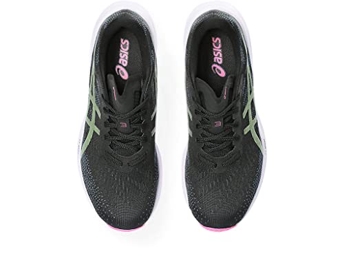 A pair of ASICS Dynablast 3 - Womens black running shoes with light green and pink accents, featuring FLYTEFOAM BLAST cushioning, shown from above on a white background.