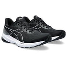 A pair of black ASICS GT-1000 12 - Mens running shoes with white soles and gray accents, featuring mesh uppers, the ASICS logo on the sides, and support for overpronation. The shoes are shown angled slightly to the side.