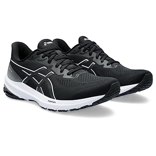 A pair of black ASICS GT-1000 12 - Mens running shoes with white soles and gray accents, featuring mesh uppers, the ASICS logo on the sides, and support for overpronation. The shoes are shown angled slightly to the side.