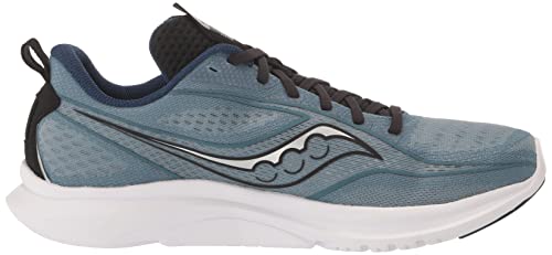 The Saucony Kinvara 13 Running Shoe for men features a blue design with black laces, a white and black side logo, cushioned white sole, plus black accents on the heel and tongue.