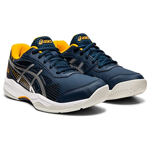A pair of ASICS Gel-Game 8 - Kids’ tennis shoes in navy blue with white soles, yellow interior lining, and black and silver detailing, featuring TRUSSTIC technology for enhanced stability.