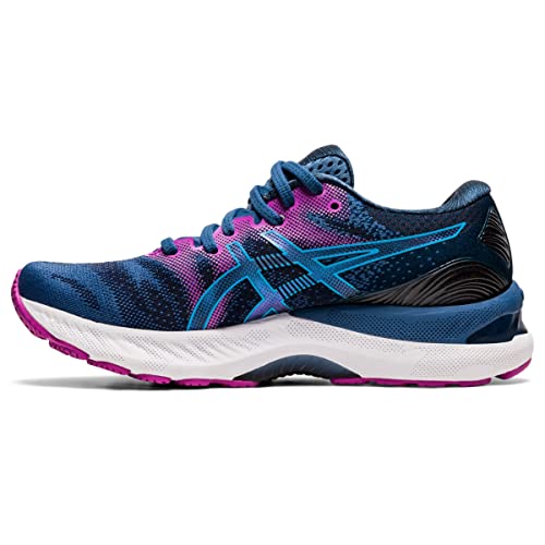 The ASICS Gel Nimbus 23 - Womens features a blue and purple design, white and pink sole, blue laces, a blue ASICS logo on the side, and offers exceptional shock absorption for runners.