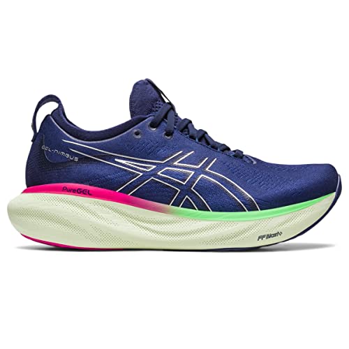 The ASICS Gel Nimbus 25 - Womens features a blue upper with white and neon green accents, a thick light green sole with PureGEL and FF BLAST+ cushioning, plus pink heel detail—offering comfort and style for runners.