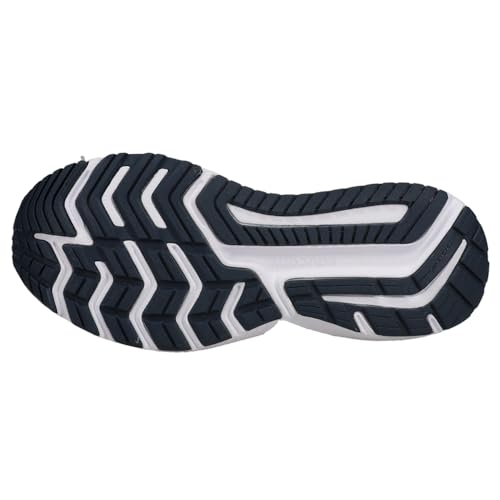 The image shows the sole of the Saucony Omni 20 Running Shoe - Womens, displaying a black and white pattern with zigzag tread grooves designed for improved grip, flexibility, and stability.