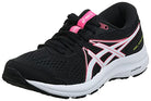 The ASICS GEL-Contend 7 - Womens is a black running shoe with white and pink accents, featuring a cushioned white sole, mesh upper, and the ASICS logo on the side for optimal comfort.