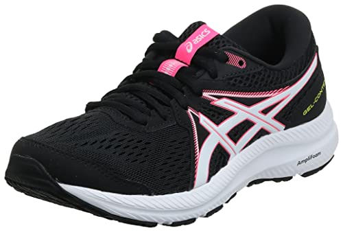 The ASICS GEL-Contend 7 - Womens is a black running shoe with white and pink accents, featuring a cushioned white sole, mesh upper, and the ASICS logo on the side for optimal comfort.