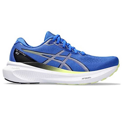The ASICS Gel-Kayano 30 - Mens is a blue stability running shoe with silver, black, and lime green details, a white cushioned sole, and secure lace-up design. Ideal for distance training and featuring the iconic ASICS logo.