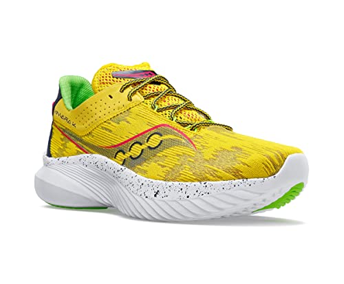 The Saucony Kinvara 14 Running Shoe - Womens features a yellow design with green and black accents, black laces, a green lining, a white speckled midsole with wavy black detail, PWRRUN foam cushioning, and a textured white sole with green tread.