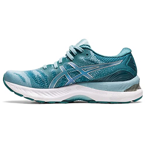 The ASICS Gel Nimbus 23 - Womens features a teal and white mesh upper, white midsole, teal outsole, silver ASICS logo, laces, and a cushioned heel for support and superior shock absorption.