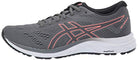 The ASICS Gel-Excite 6 - Womens running shoe features a gray mesh upper with pink accents, black laces, a white AmpliFoam sole, and advanced GEL technology for enhanced comfort.