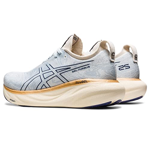 The ASICS Gel Nimbus 25 - Womens shoes come in light blue with tan soles and dark blue accents, featuring GEL-NIMBUS and 25 on the side and heel. These running shoes offer a thick, cushioned midsole for lightweight comfort.