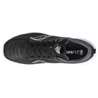 Top view of the Saucony Kinvara 13 Running Shoe - Mens, a lightweight black mesh sneaker with white accents, black laces, and a white sole. The insole displays FORMFIT.