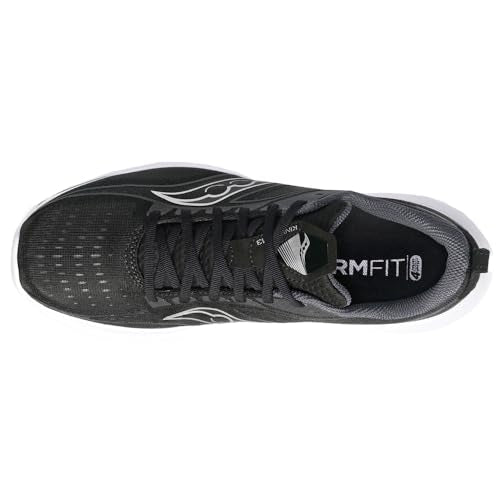 Top view of the Saucony Kinvara 13 Running Shoe - Mens, a lightweight black mesh sneaker with white accents, black laces, and a white sole. The insole displays FORMFIT.