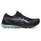 The ASICS Gel Kayano 29 - Mens is a black and blue running shoe with white accents, a thick cushioned sole, and the ASICS logo on the side, designed to offer superior stability and comfort.