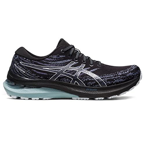 The ASICS Gel Kayano 29 - Mens is a black and blue running shoe with white accents, a thick cushioned sole, and the ASICS logo on the side, designed to offer superior stability and comfort.