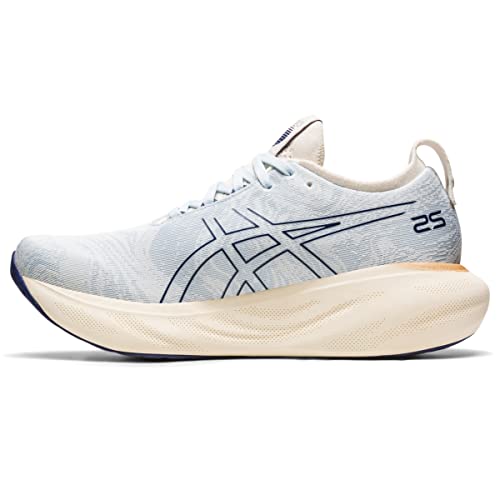 The ASICS Gel Nimbus 25 - Womens shoe features a light blue upper, thick off-white sole, dark blue accents, and prominent ASICS logo. The 25 near the heel highlights lightweight cushioning for ultimate comfort while running.