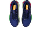 Top view of ASICS Gel Nimbus 25 - Womens shoes in dark blue with neon green soles, pink heel accents, and orange tongue labels. These ASICS running shoes offer lightweight cushioning and white side details.