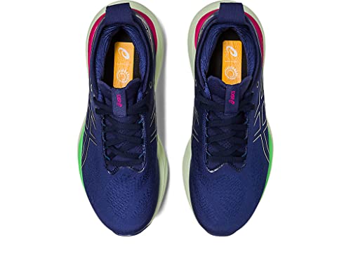 Top view of ASICS Gel Nimbus 25 - Womens shoes in dark blue with neon green soles, pink heel accents, and orange tongue labels. These ASICS running shoes offer lightweight cushioning and white side details.