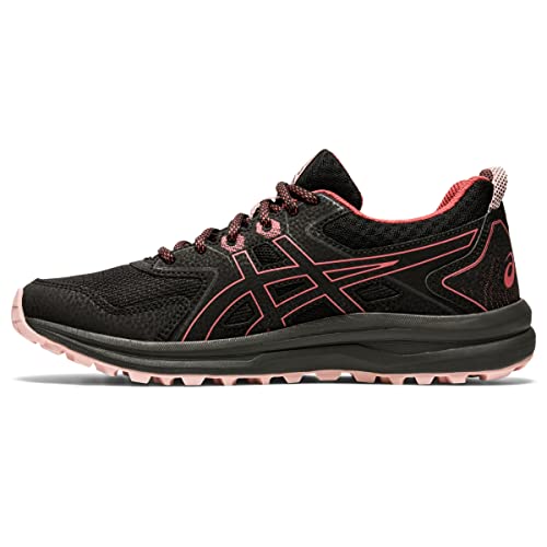 A side view of the ASICS Trail Scout - Womens trail running shoe in black with pink accents, pink laces, and a textured sole, displayed on a white background.