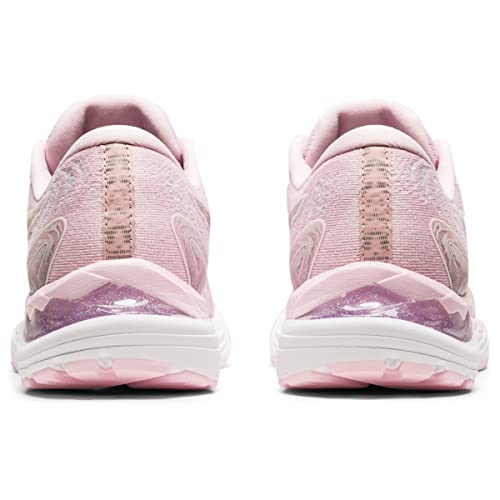 Rear view of a pair of ASICS Cumulus 23 - Womens pink running shoes with white soles and light purple accents, featuring lightweight cushioning, displayed side by side on a white background.