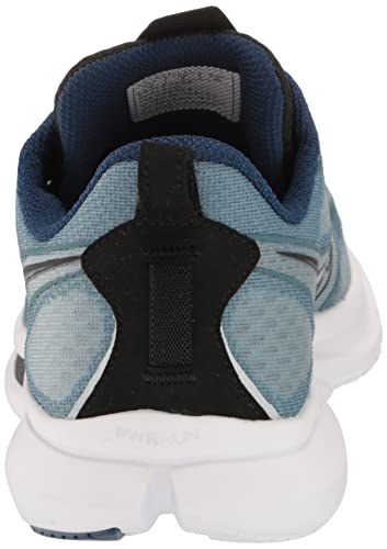 Rear view of the mens Saucony Kinvara 13 Running Shoe in blue with black and gray accents, a white sole, visible stitching, dark blue lining, and a pull tab on the heel. Lightweight design ideal for running.