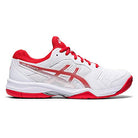 The ASICS GEL-DEDICATE 6 - Womens is a low-cut white tennis shoe with red accents on the sole, laces, inner lining, and logo—offering court-ready style and performance.