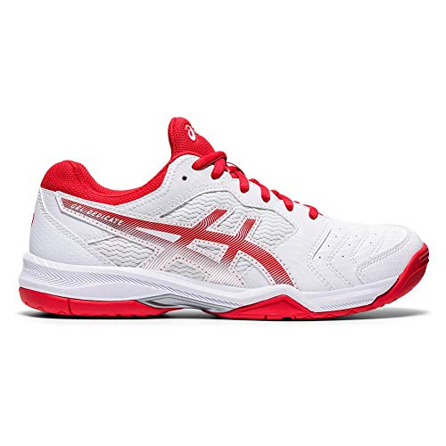 The ASICS GEL-DEDICATE 6 - Womens is a low-cut white tennis shoe with red accents on the sole, laces, inner lining, and logo—offering court-ready style and performance.