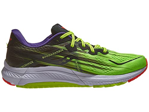The Saucony Omni 20 Running Shoe for women features a bright green and black upper, yellow laces, white midsole, red sole accents, and a purple inner lining. Its sleek design ensures excellent stability and support for athletes.