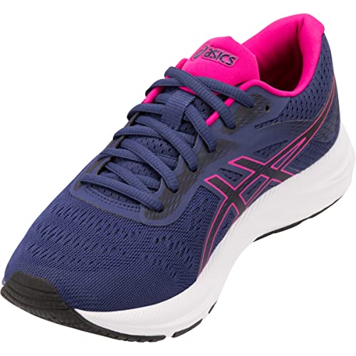 The ASICS Gel-Excite 6 - Womenss is a blue running shoe with pink accents, matching laces, bright pink inner lining, white sole, and ASICS branding. Features GEL technology for superior comfort and support.