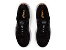 Top view of a pair of black ASICS Cumulus 23 – Womens running shoes with white soles, orange ASICS logo on the tongue and insole, black laces, and lightweight cushioning for enhanced comfort.