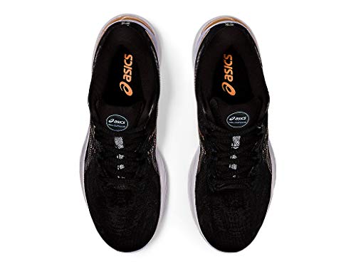 Top view of a pair of black ASICS Cumulus 23 – Womens running shoes with white soles, orange ASICS logo on the tongue and insole, black laces, and lightweight cushioning for enhanced comfort.