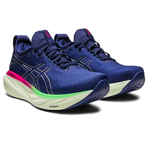 The ASICS Gel Nimbus 25 Womens Shoes feature blue uppers, white and neon green soles, pink accents, and side logos. They offer lightweight cushioning ideal for running.