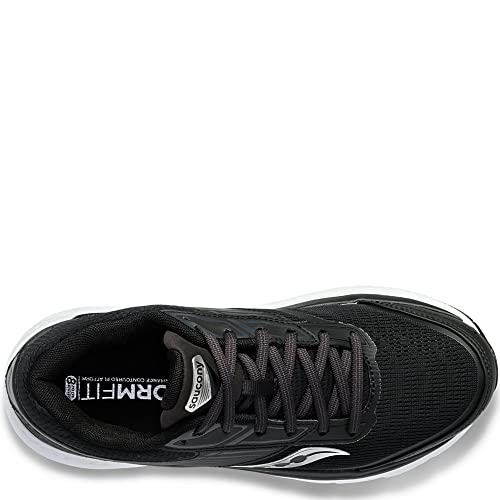 Top view of the Saucony Echelon 8 Running Shoe - Womens in black, with gray laces, white sole, visible Saucony logos on the insole and side, and responsive PWRRUN cushioning for all-day comfort.