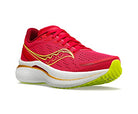 The Saucony Endorphin Speed 3 Running Shoe - Womens features a bright red mesh upper with yellow details, white cushioned sole, and neon green outsole, offering breathable comfort and support for daily training.