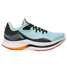 The Saucony Endorphin Shift 2 Running Shoe - Womens features a light blue mesh upper with black and orange accents, black laces, white midsole, wavy side logo, and SPEEDROLL Technology for smooth transitions.