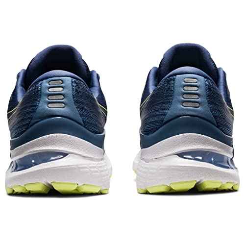 Rear view of ASICS Gel Kayano 28 - Mens stability running shoes featuring blue mesh uppers, white midsoles, neon yellow outsoles, and reflective silver heel accents for enhanced visibility.