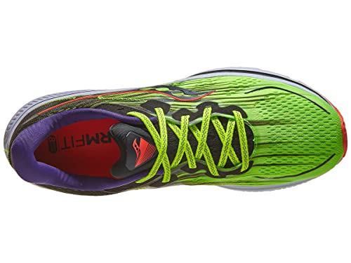 Top view of the Saucony Omni 20 Running Shoe - Womens in bright green with black and purple accents, neon yellow laces, and a red toe detail. Features a breathable mesh upper, padded collar, and enhanced support ideal for runners.