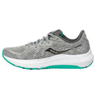 The Saucony Omni 20 Running Shoe for women features a gray mesh upper, teal accents, white sole, and a wavy black logo, offering support and stability. Shown in side profile against a white background.