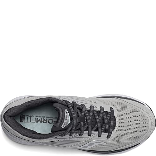 Top view of the Saucony Echelon 8 Running Shoe - Womens shows black laces, mesh details, dark grey lining, and an insole marked FORMFIT and SAUCONY. Features a streamlined look and PWRRUN cushioning for comfort.