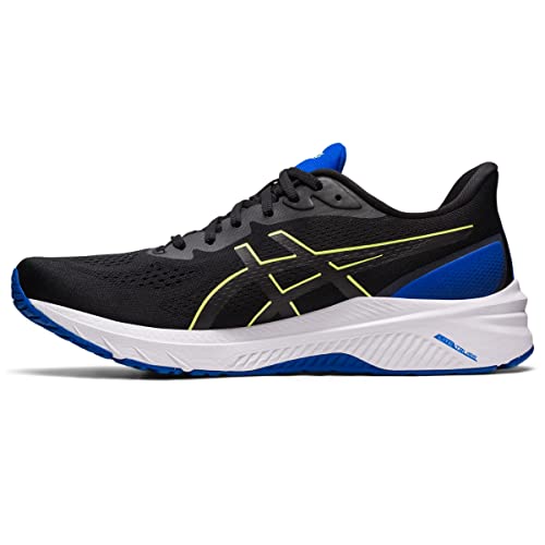 The ASICS GT-1000 12 - Mens is a black running shoe with blue accents, a white sole, and a yellow outlined logo. It features mesh material and offers support for overpronators, ideal for sports or casual wear.