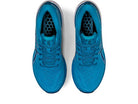 A top-down view of the ASICS Gel Kayano 29 - Mens running shoes in bright blue, placed side by side on a white background, featuring matching blue laces, dark patterned insoles, and renowned stability.