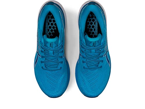 A top-down view of the ASICS Gel Kayano 29 - Mens running shoes in bright blue, placed side by side on a white background, featuring matching blue laces, dark patterned insoles, and renowned stability.