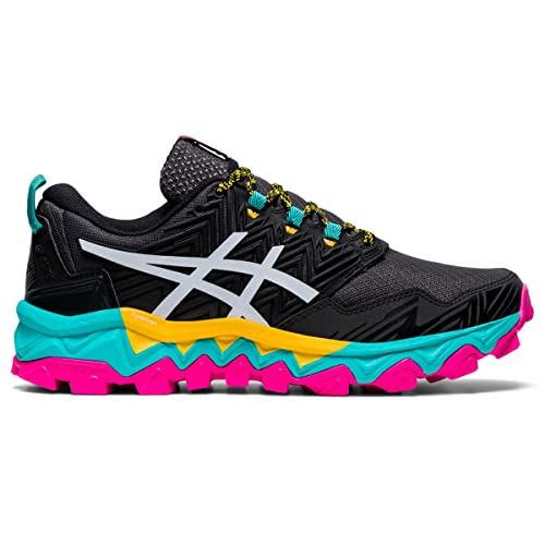 The ASICS GEL-FujiTrabuco 8 Womens trail running shoe features a black mesh upper, white logo, teal and yellow midsole, bright pink rugged outsole, and yellow-accented laces—ideal for adventurous runners.
