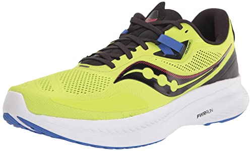 The Saucony Omni 20 Running Shoe for men features a yellow and black design with blue accents, white sole, black laces, breathable mesh upper, side brand logo, and responsive PWRRUN cushioning for comfort.