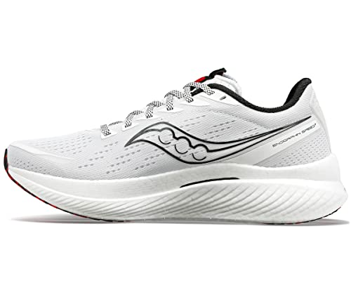 The Saucony Endorphin Speed 3 Running Shoe - Womens features a white mesh upper with black accents, a patterned lace, and a thick contoured sole—ideal for daily training.